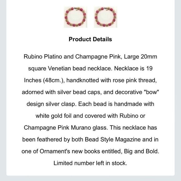 Venetian Bead Necklace. Rubino Platino and Champagne Pink Murano Beads. - Picture 10 of 11